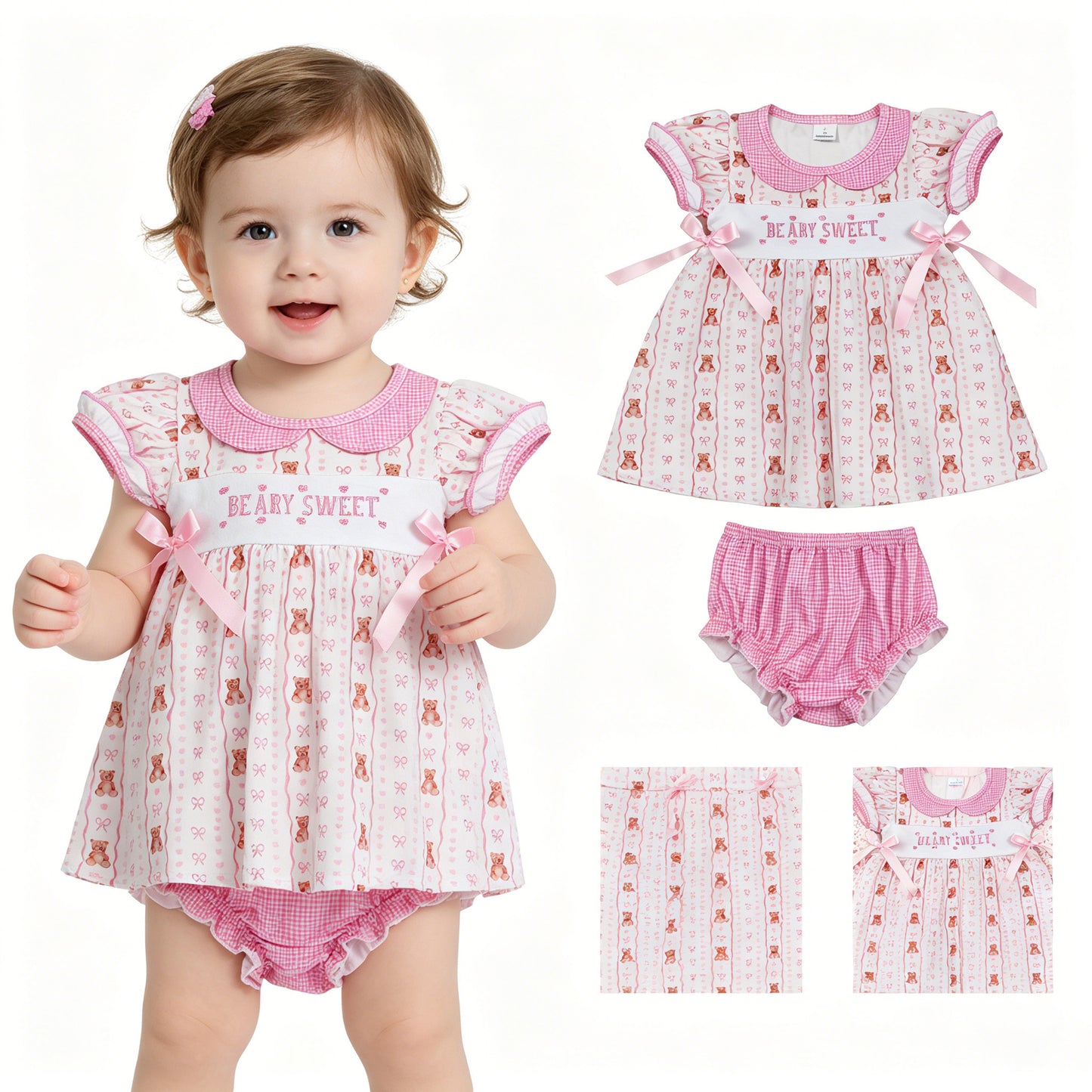 GBO0520 Embroidered Beary Sweet Bear Bows Doll Collar Pink Short Sleeve Bummies Girls Sets 202605 RTS