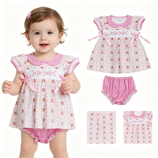 GBO0520 Embroidered Beary Sweet Bear Bows Doll Collar Pink Short Sleeve Bummies Girls Sets 202605 RTS