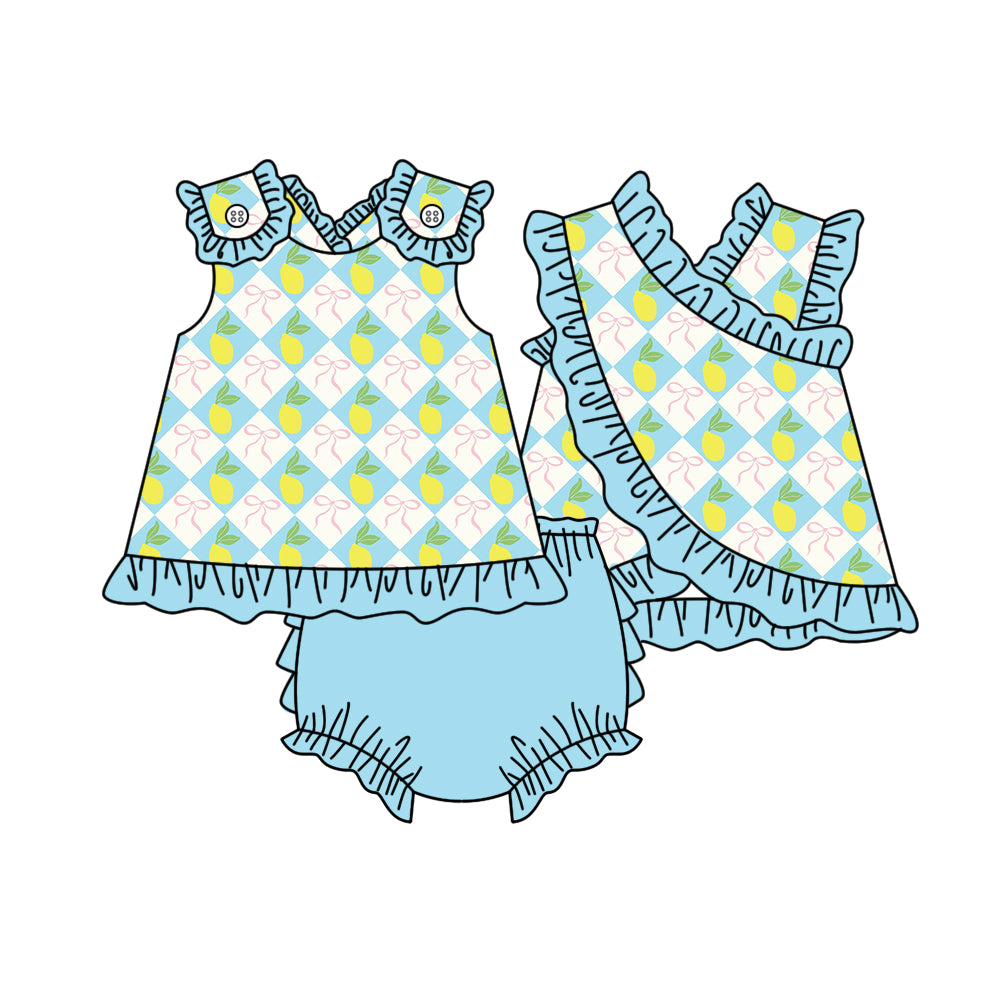 MOQ 5 PCS preorder GBO0521 Lemon Bows Plaid Blue Green Ruffle Sleeveless Bummies Girls Sets 202603