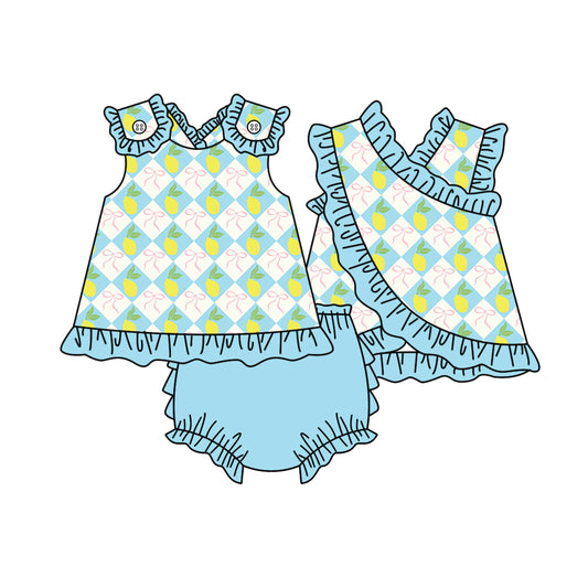 MOQ 5 PCS preorder GBO0521 Lemon Bows Plaid Blue Green Ruffle Sleeveless Bummies Girls Sets 202603