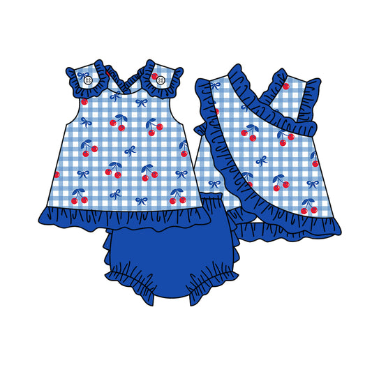 MOQ 5 PCS preorder GBO0523 Cherry Bows Plaid Blue Ruffle Sleeveless Bummies Girls Sets 202603