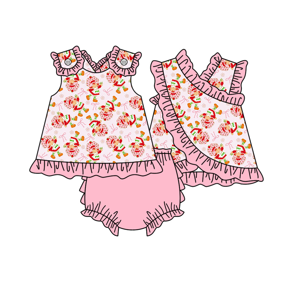 MOQ 5 PCS preorder GBO0525 Strawberry Girls Bows Pink Ruffle Sleeveless Bummies Girls Sets 202603