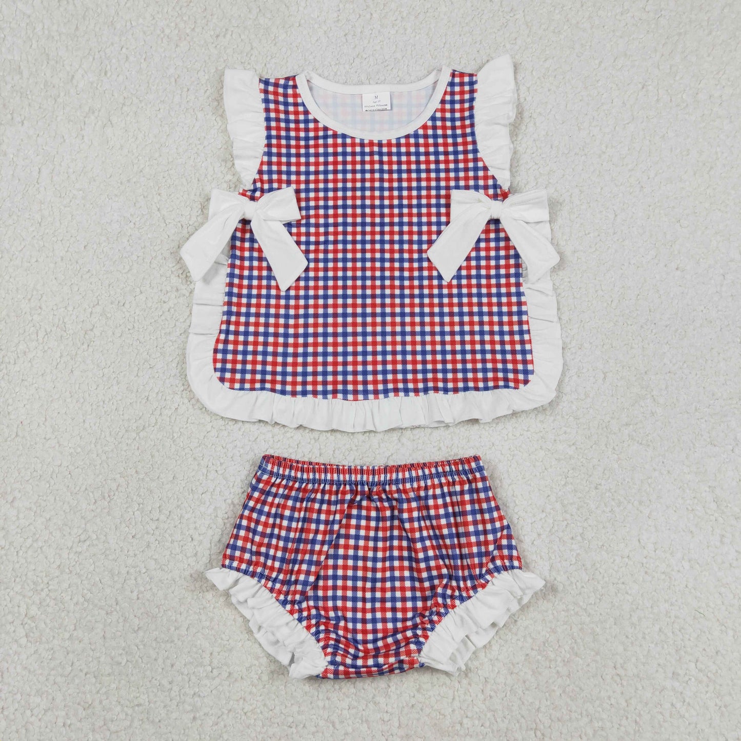 GBO0527 4th of July Red Blue Plaid Ruffle Bows Sleeveless Bummies Girls Sets 202605 RTS