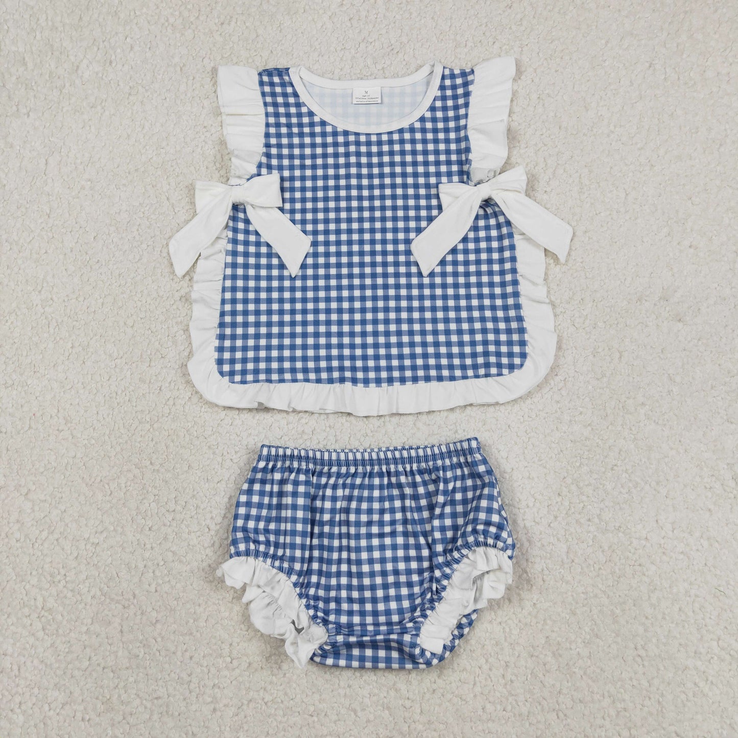 GBO0528 Blue Plaid Ruffle Bows Sleeveless Bummies Girls Sets 202605 RTS