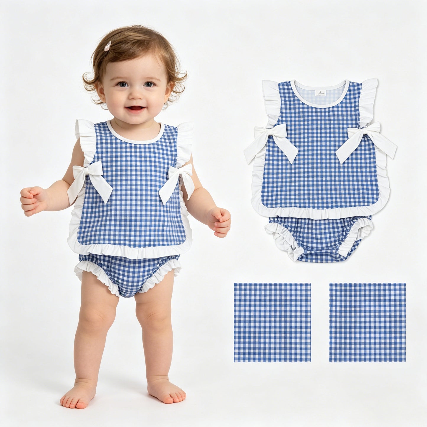 GBO0528 Blue Plaid Ruffle Bows Sleeveless Bummies Girls Sets 202605 RTS
