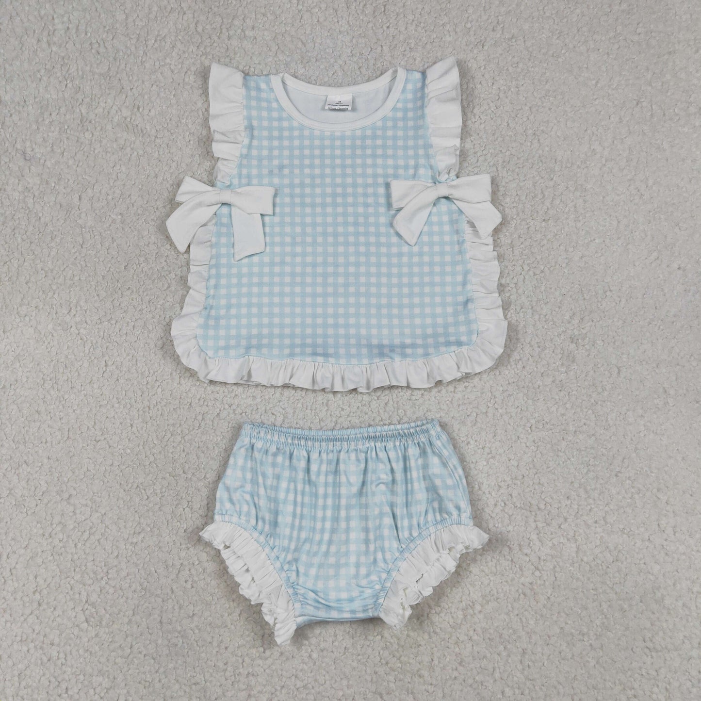 GBO0529 Light Blue Plaid Ruffle Bows Sleeveless Bummies Girls Sets 202605 RTS