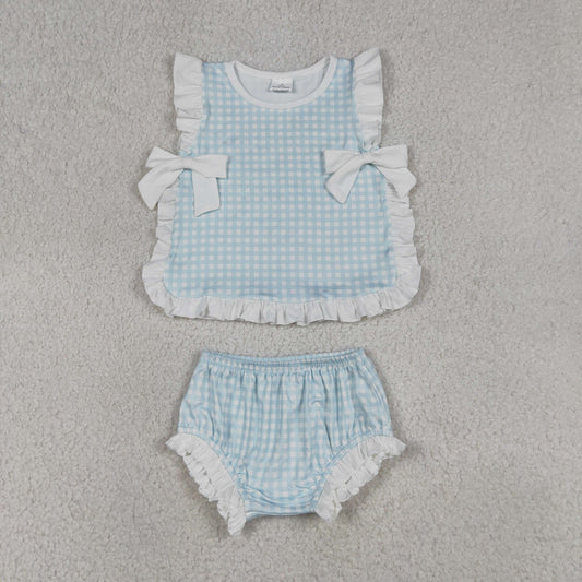 GBO0529 Light Blue Plaid Ruffle Bows Sleeveless Bummies Girls Sets 202605 RTS