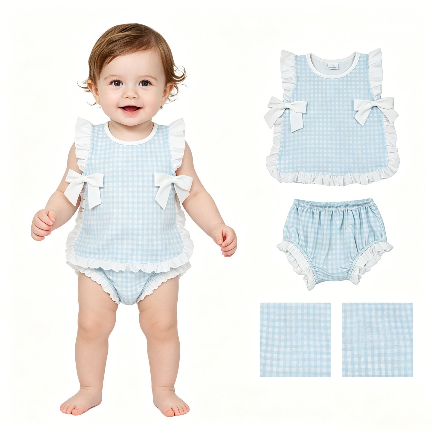 GBO0529 Light Blue Plaid Ruffle Bows Sleeveless Bummies Girls Sets 202605 RTS