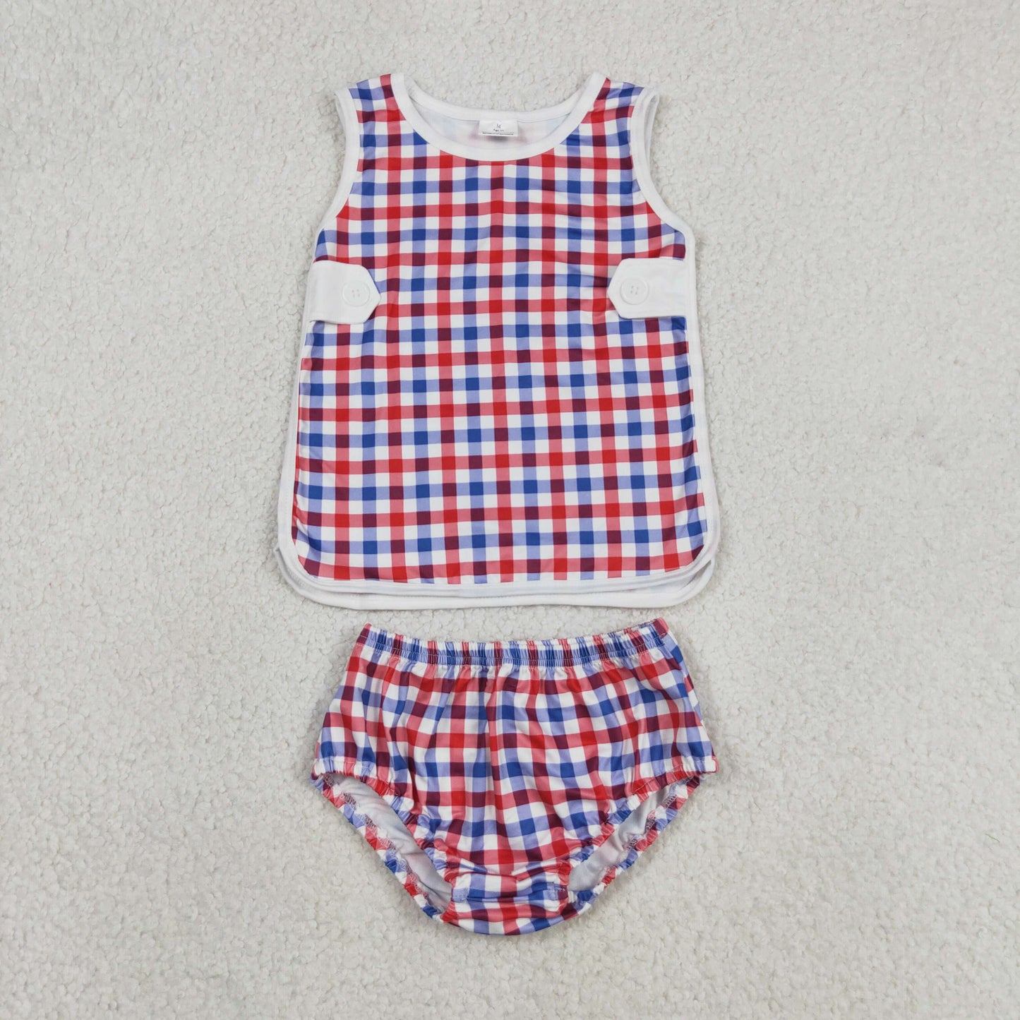 GBO0530 4th of July Red Blue Plaid Sleeveless Bummies Girls Sets 202605 RTS