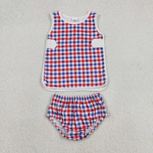 GBO0530 4th of July Red Blue Plaid Sleeveless Bummies Girls Sets 202605 RTS