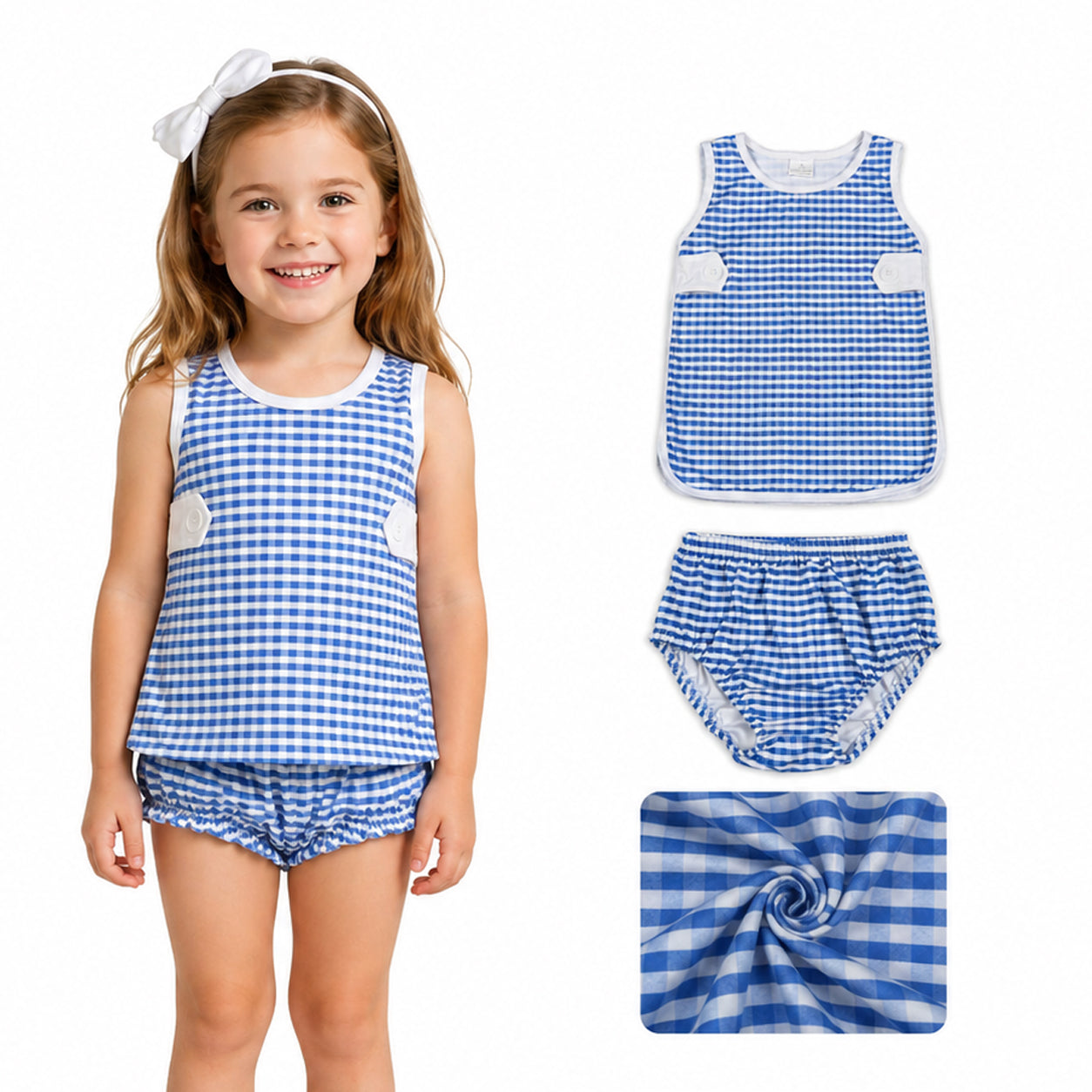 GBO0531 Blue Plaid Sleeveless Bummies Girls Sets 202604 RTS
