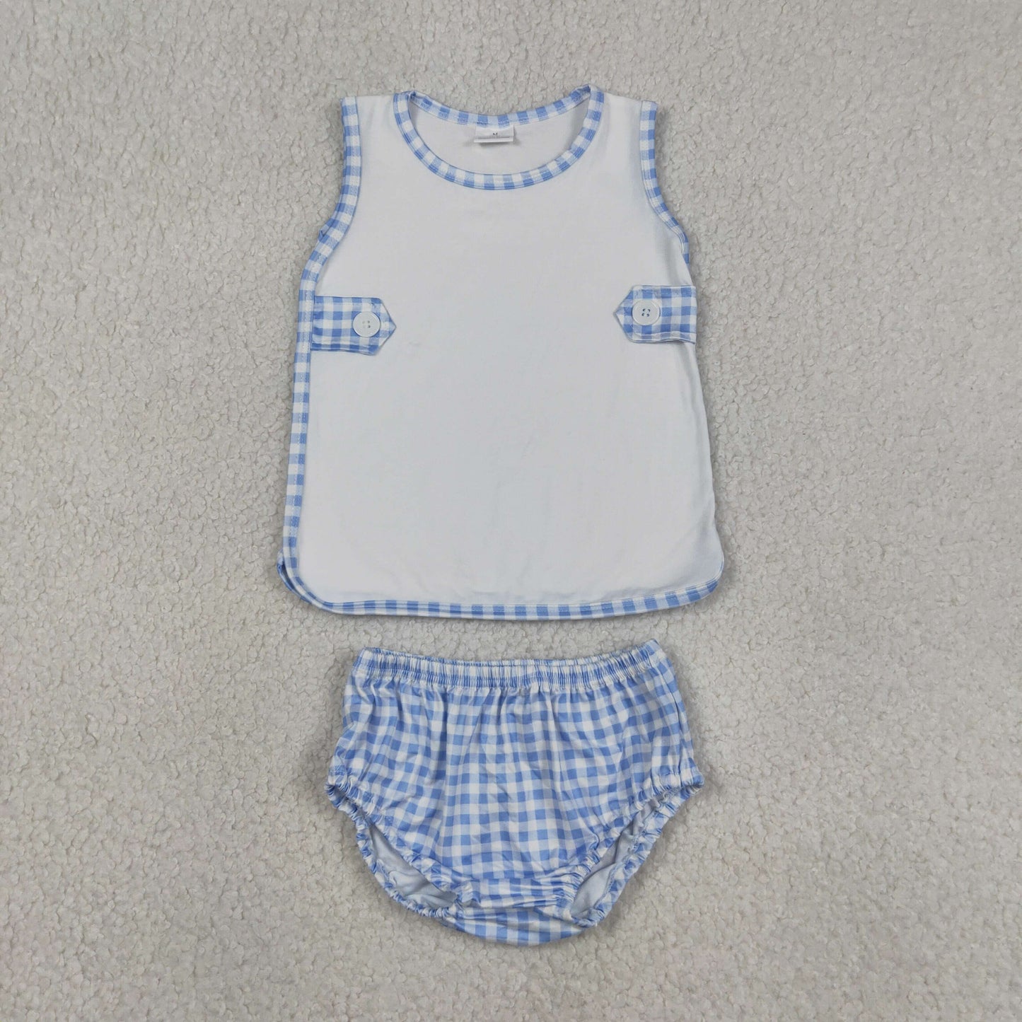 GBO0532 Blue Plaid O-Neck White Sleeveless Bummies Girls Sets 202604 RTS