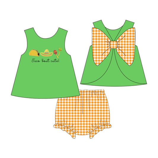 MOQ 5 PCS preorder GBO0536 Taco' Bout Cute Orange Plaid Bow Green Sleeveless Bummies Girls Sets 202604