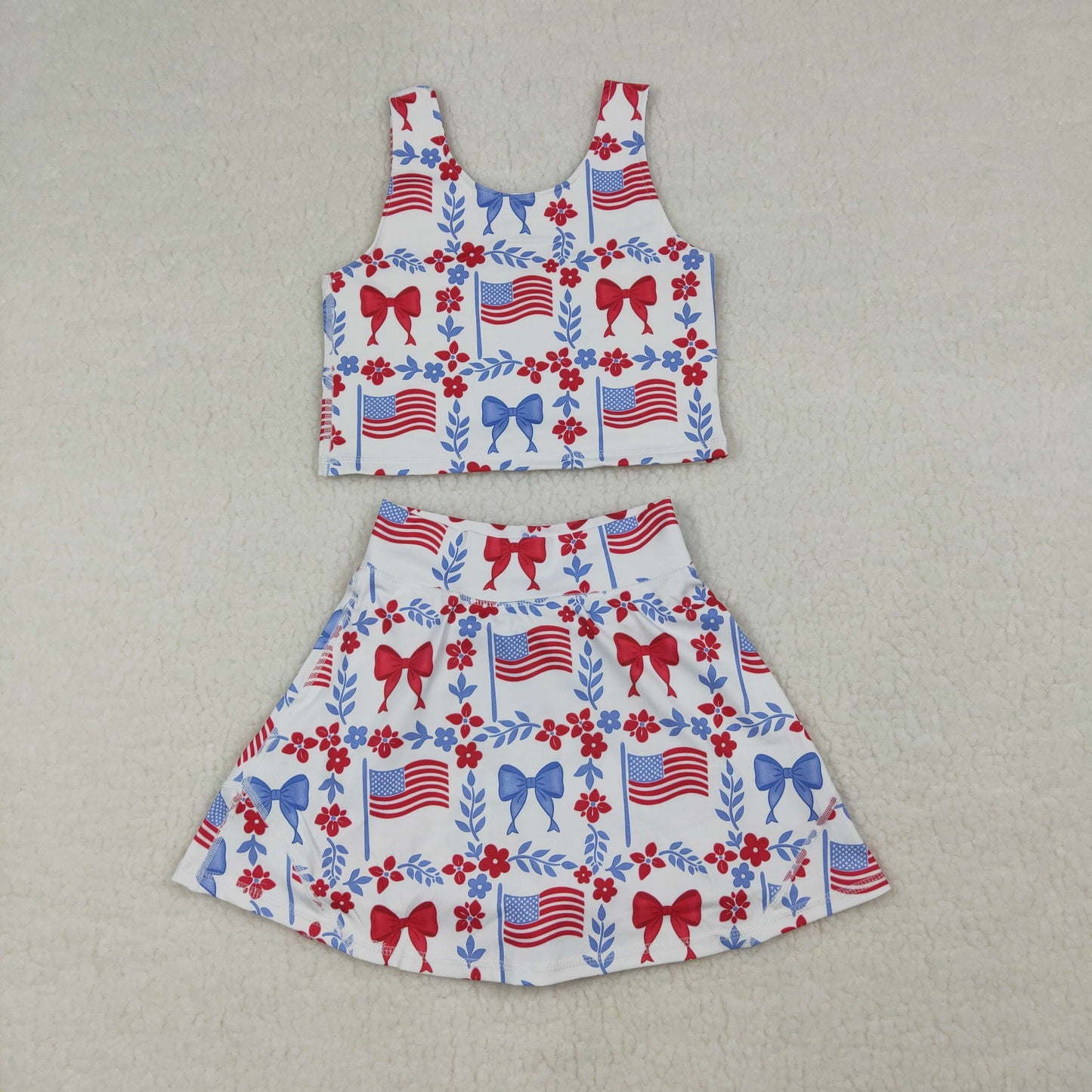 GSD3499 4th of July USA Bows Flower Leaf Flag Sleeveless Top with Skirts for Girls Yoga Sets 202603 RTS