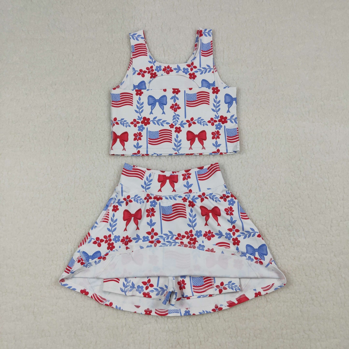 GSD3499 4th of July USA Bows Flower Leaf Flag Sleeveless Top with Skirts for Girls Yoga Sets 202603 RTS