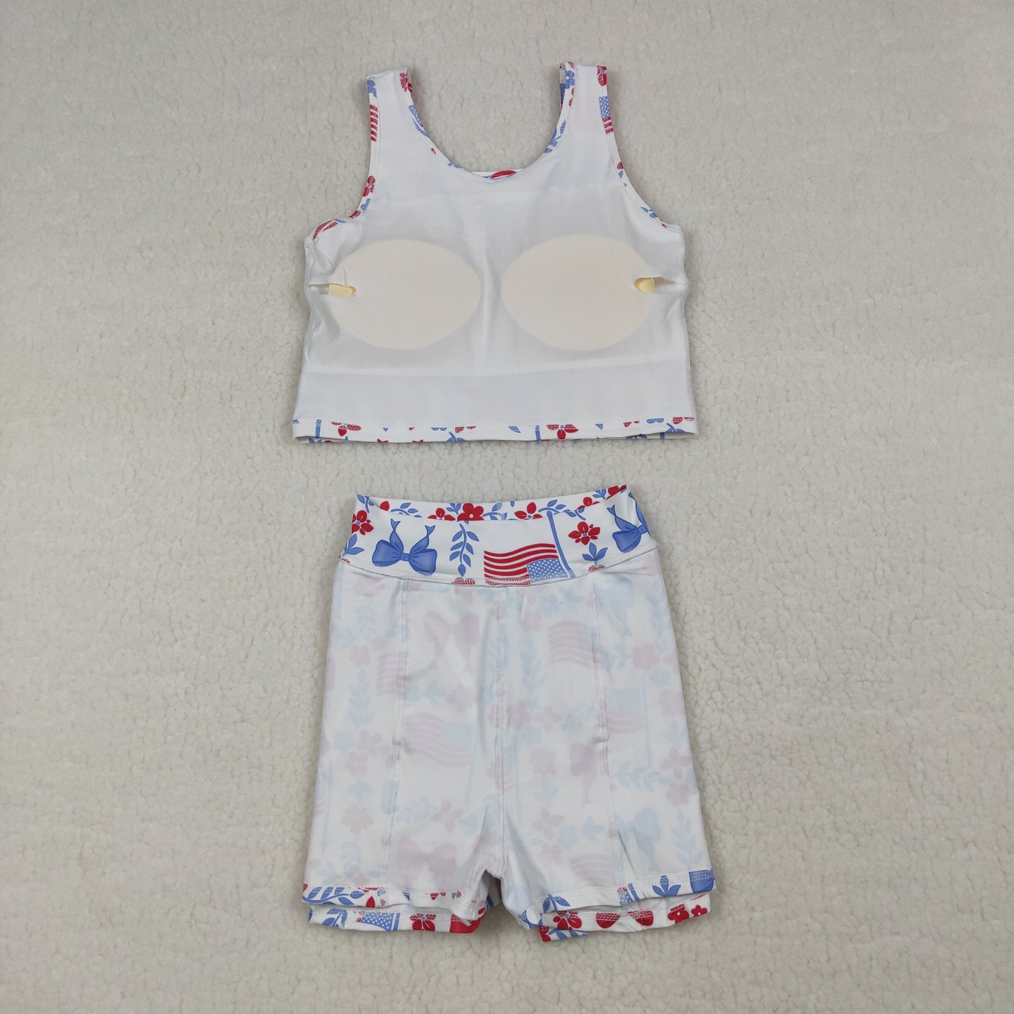 GSD3499 4th of July USA Bows Flower Leaf Flag Sleeveless Top with Skirts for Girls Yoga Sets 202603 RTS