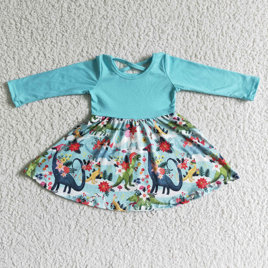 Clearance GLD0006 RST Christmas Dinosaur Flower blue long-sleeved dress