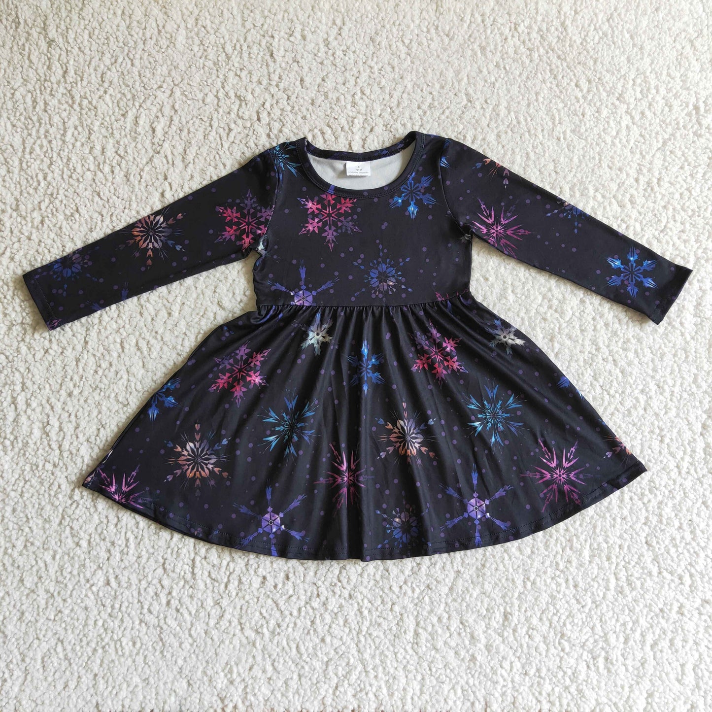 Clearance GLD0035 Colorful snowflake black long-sleeved dress