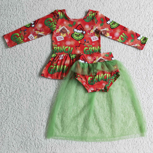 Clearance GLD0091 Christmas grinch long sleeve mesh dress set