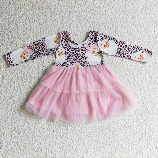 Clearance GLD0134 Santa for girls leopard print pink long-sleeved dress