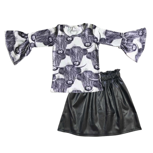 GLD0213  2pcs Black Highland Cow GLK0013 Black leather Skirt Dresses Girls Long Sleeve Shorts Outfits