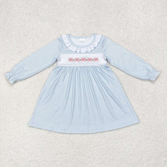 GLD0508 NO MOQ Embroidered bow pattern White lace Blue striped long-sleeved dress western clothes