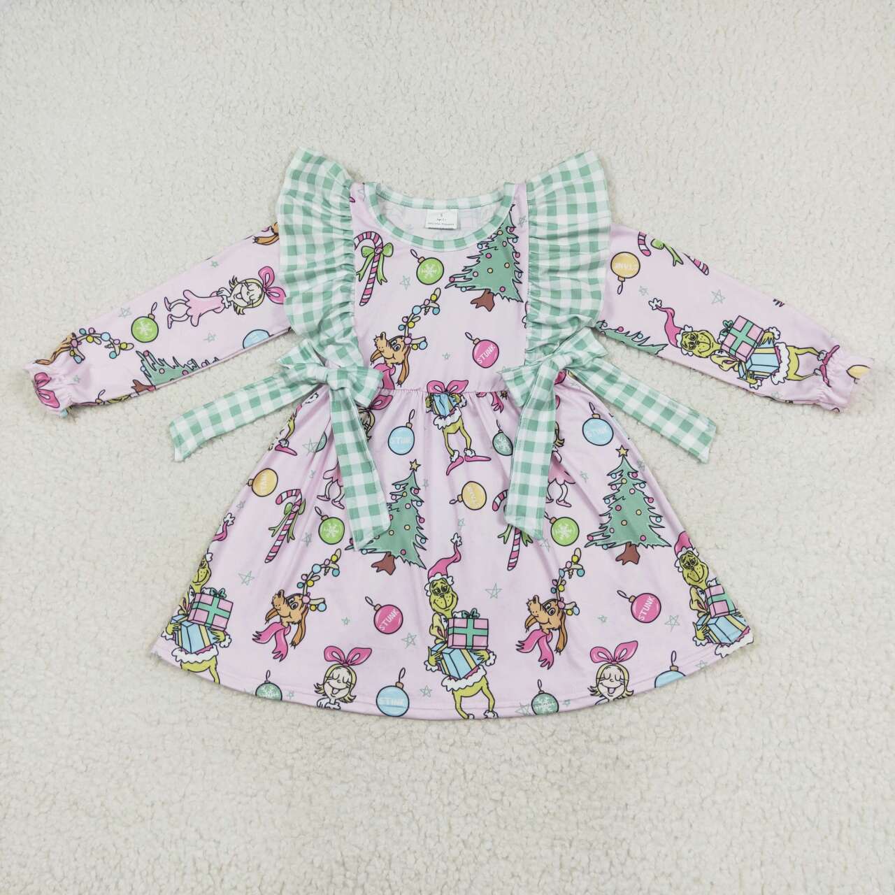 GLD0519 grinch Christmas gift Green plaid Lace bow pink long-sleeved dress