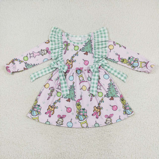 GLD0519 grinch Christmas gift Green plaid Lace bow pink long-sleeved dress