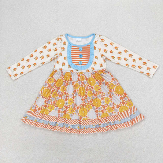 GLD0531 Beige long-sleeved dress with floral stripes and lace flower girl dresses wedding kids