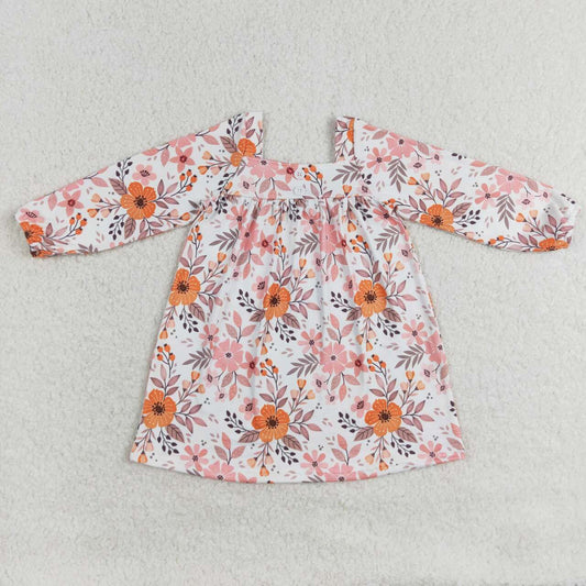 GLD0535 western clothes Long Sleeve Casual Dress with Square Neck Pink Orange Flower White Pattern on Cotton Fabric No MOQ