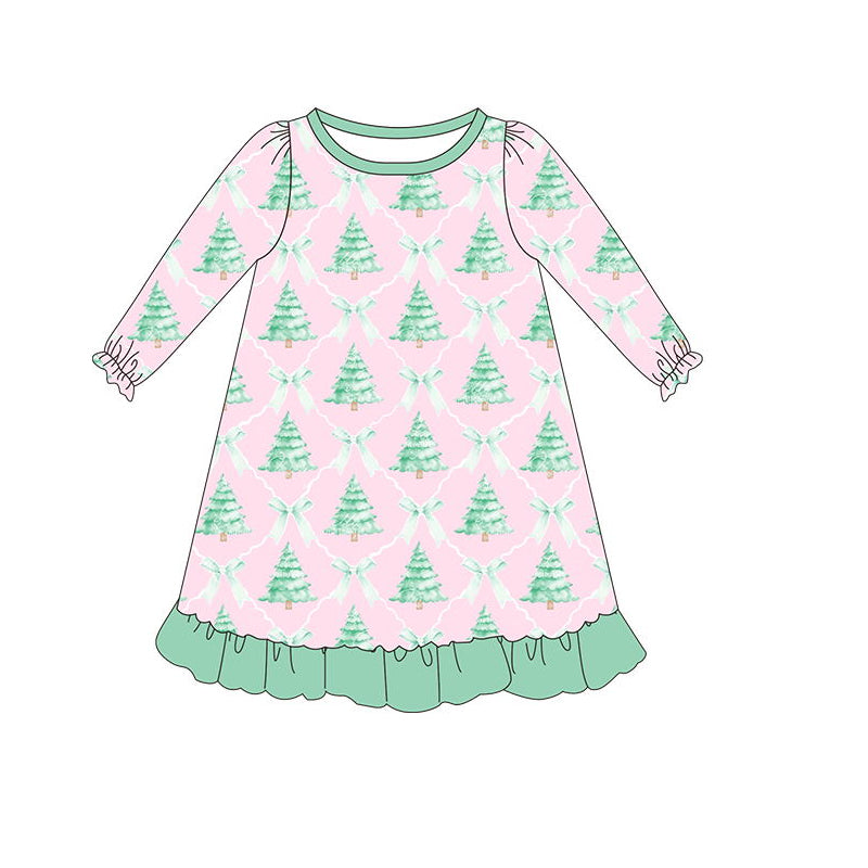 Preorder GLD0538 Christmas tree bow Green lace pink long-sleeved dress