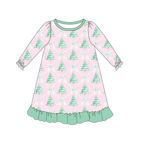 Preorder GLD0538 Christmas tree bow Green lace pink long-sleeved dress