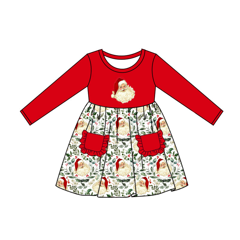 Preorder GLD0547 Santa leaves red lace pocket long-sleeved dress