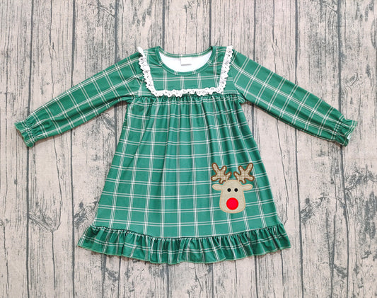 Preorder GLD0561 Embroidered Christmas Deer Lace Ruffle Green Plaid Long-Sleeved Dress for Girls 202508