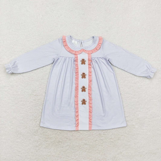 GLD0571 Embroidered gingerbread Man Pink Lace doll collar blue plaid long-sleeved dress