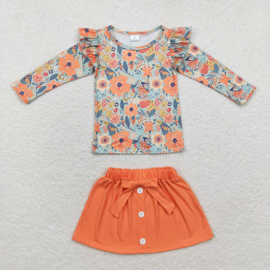 GLD0591 Flower green long sleeve orange skirt set