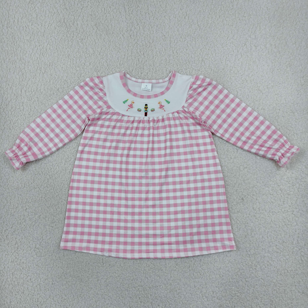 GLD0610 Embroidery Christmas Nutcracker Pink Plaid Girl's Dress