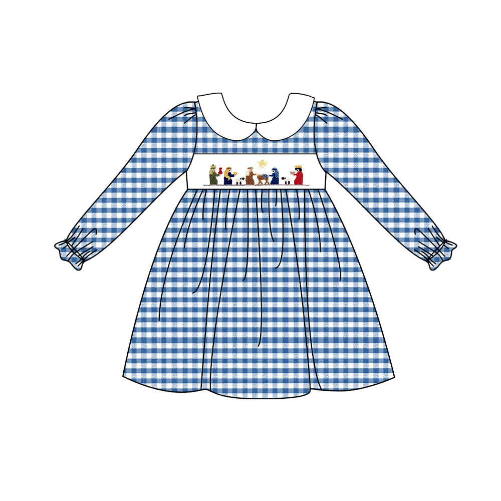 Preorder GLD0647 NO MOQ Jesus doll collar blue plaid long-sleeved dress