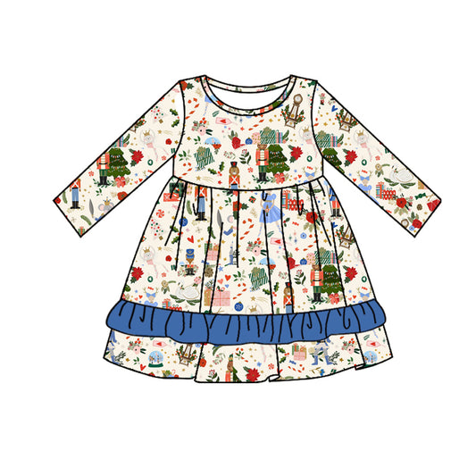 Preorder GLD0649 NO MOQ Christmas Tree Nutcracker Beige long-sleeved dress with blue lace