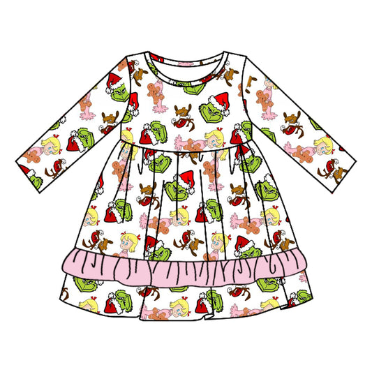 Preorder GLD0650 NO MOQ grinch Girls Gingerbread Man long-sleeved white dress with Pink lace