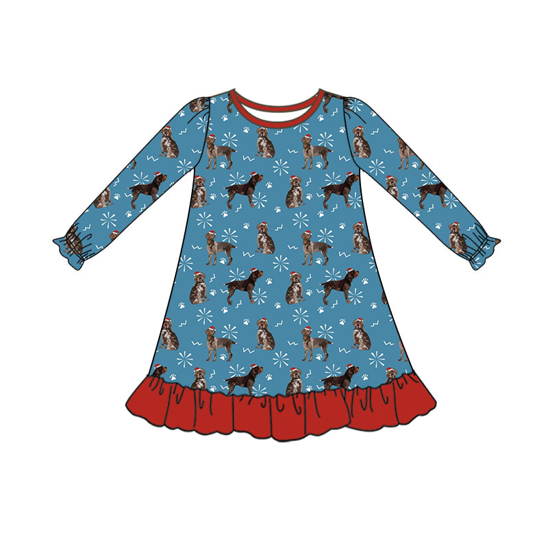 Preorder GLD0658 Santa Hat puppy paw print snowflake red blue long-sleeved dress