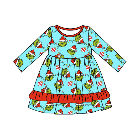 Preorder GLD0661 grinch Lights Red lace blue long-sleeved dress