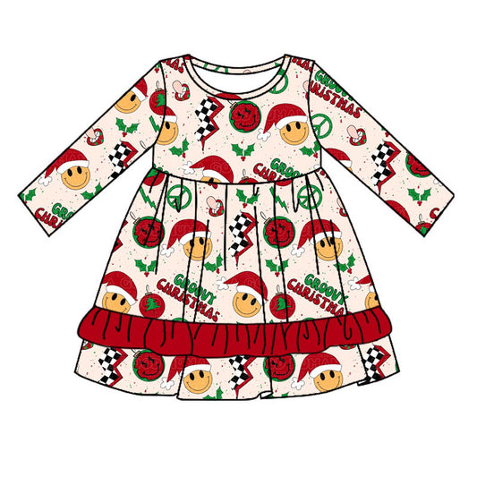 Preorder GLD0662 groovy christmas Smiley Lightning Red lace long-sleeved dress