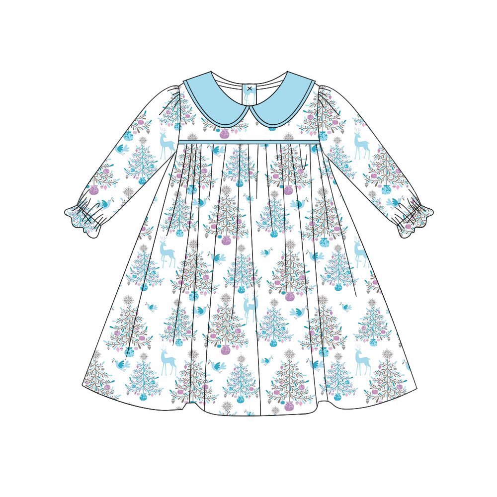 Preorder GLD0663 Christmas tree reindeer blue doll collar white long-sleeved dress