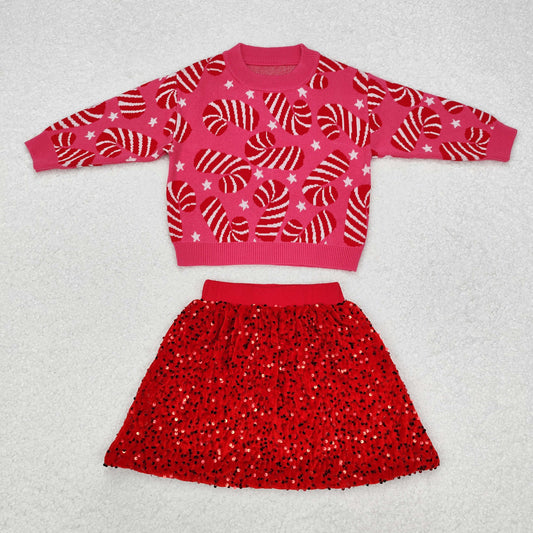 GLD0671  Christmas Red Sweater with Sequined Skirts Sets for Girls RTS 202509
