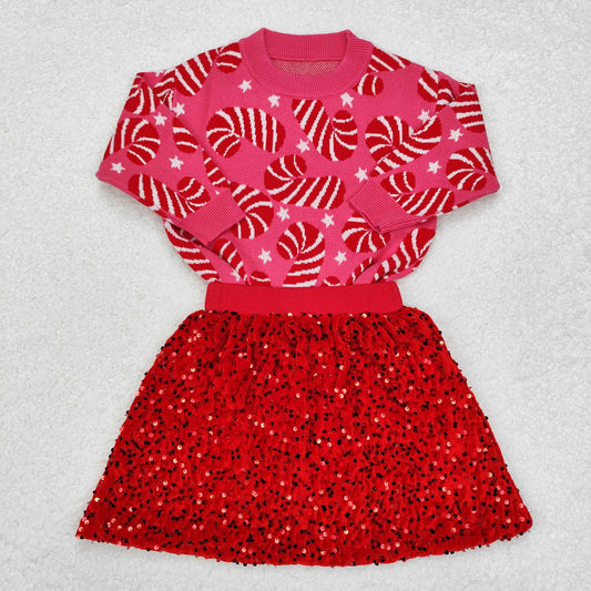 GLD0671  Christmas Red Sweater with Sequined Skirts Sets for Girls RTS 202509