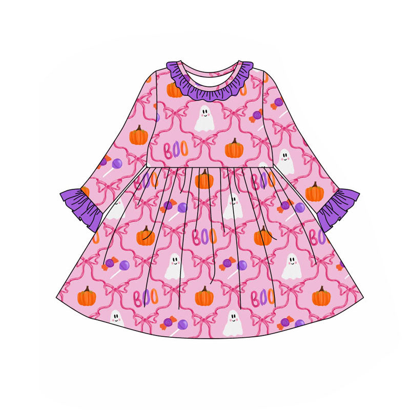 Preorder GLD0691 NO MOQ boo Ghost Pumpkin bow pattern Purple lace pink long-sleeved dress