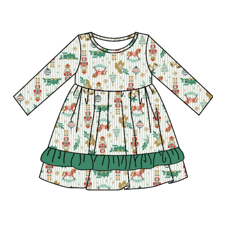 Preorder GLD0695 NO MOQ Nutcracker Train Bird Green lace striped long-sleeved dress