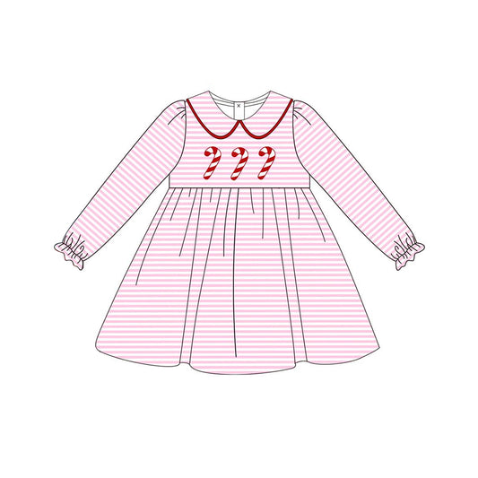 Preorder GLD0699 NO MOQ Christmas Cane doll collar pink striped long-sleeved dress