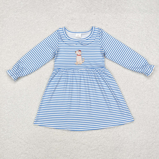 GLD0701 Embroidered puppy striped doll collar blue and white long-sleeved dress